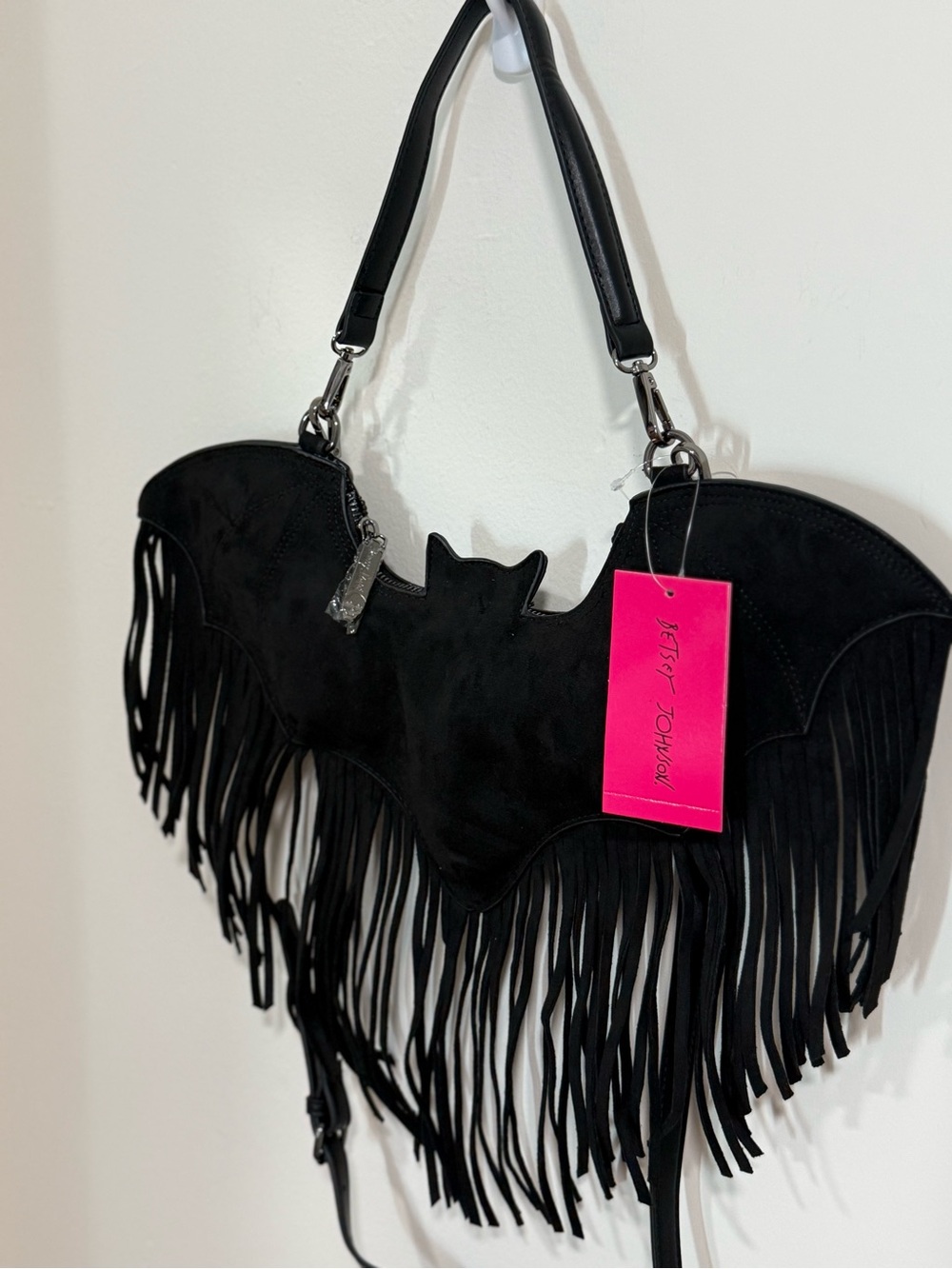 Betsey Johnson Black Bat Fringe Shoulder Bag - Picture 2 of 5